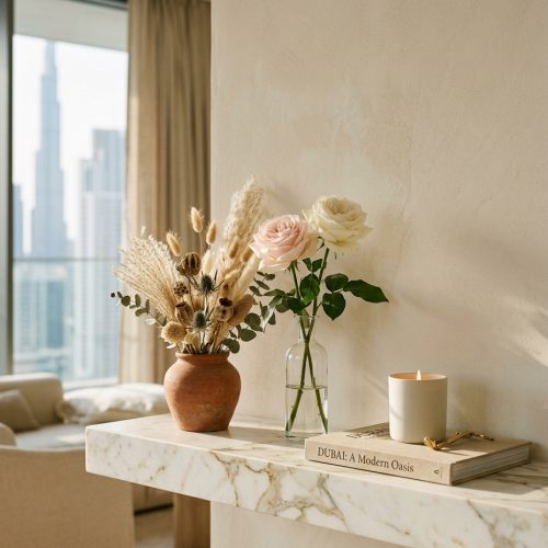 Fresh roses and dried flowers styled together on a marble console table in a Dubai apartment.