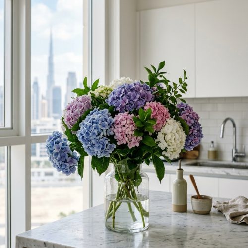 Fresh hydrangea bouquet in a glass vase on a marble kitchen island with Dubai skyline in the background.
