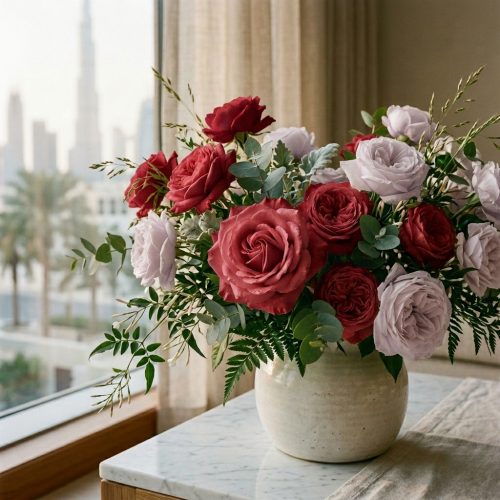Romantic arrangement of blush pink and ivory garden roses with foliage in an elegant ceramic vessel