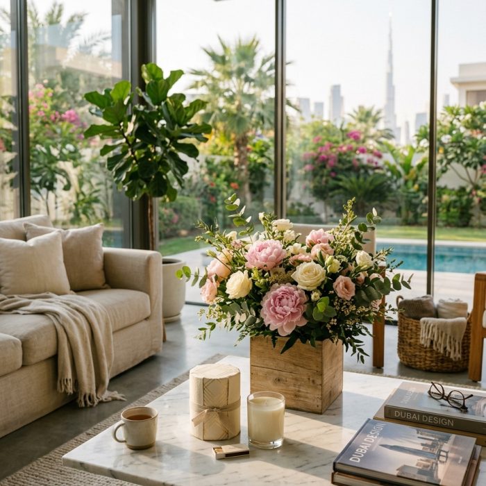 Luxury flower arrangement with peonies and roses in a handcrafted wooden planter inside a Dubai villa living room