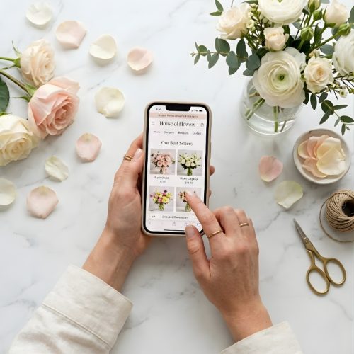 Ordering flowers online in Dubai on the House of Flowers website using a smartphone