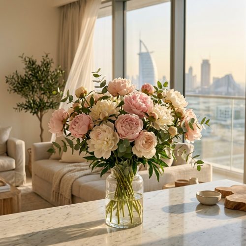 Lush blush pink and creamy white peonies bouquet in a clear glass vase in a bright Dubai living room