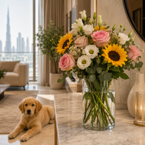 Pet safe flowers Dubai — arrangement of pink roses, yellow sunflowers and white lisianthus in a glass vase with a golden retriever puppy nearby