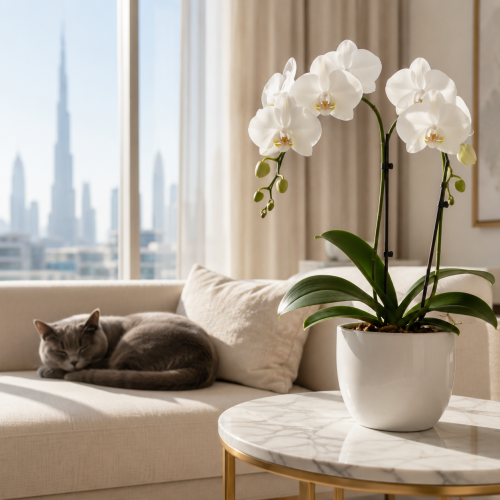 White potted orchid on a marble side table in a Dubai apartment with a grey cat sleeping on a cream sofa in the background