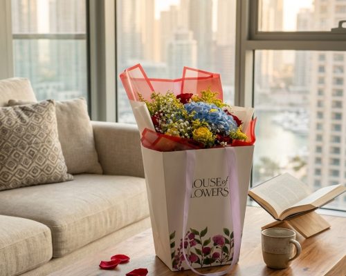 Fresh spring flower arrangement in a Dubai living room with peonies and eucalyptus