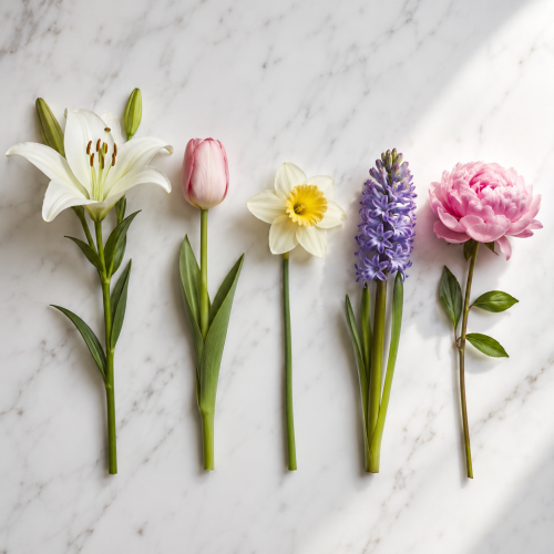 Flat lay of flowers toxic to pets — lily, tulip, daffodil, hyacinth and peony stems on white marble surface