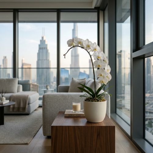 Elegant white Phalaenopsis orchid in a minimalist ceramic pot in a modern Dubai apartment