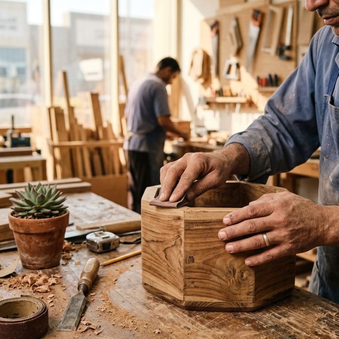 in house carpentry team in Dubai crafting wooden planter